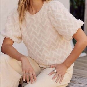 In February Crew Neck Bubble Sleeve Cream Texture Top Sz M Romantic Boho Coastal